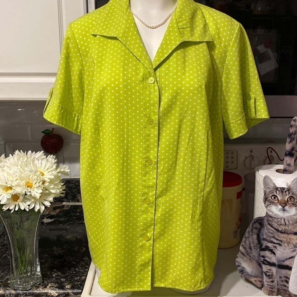 J womens Kim Rogers green button front short sleeve plus size top 1x